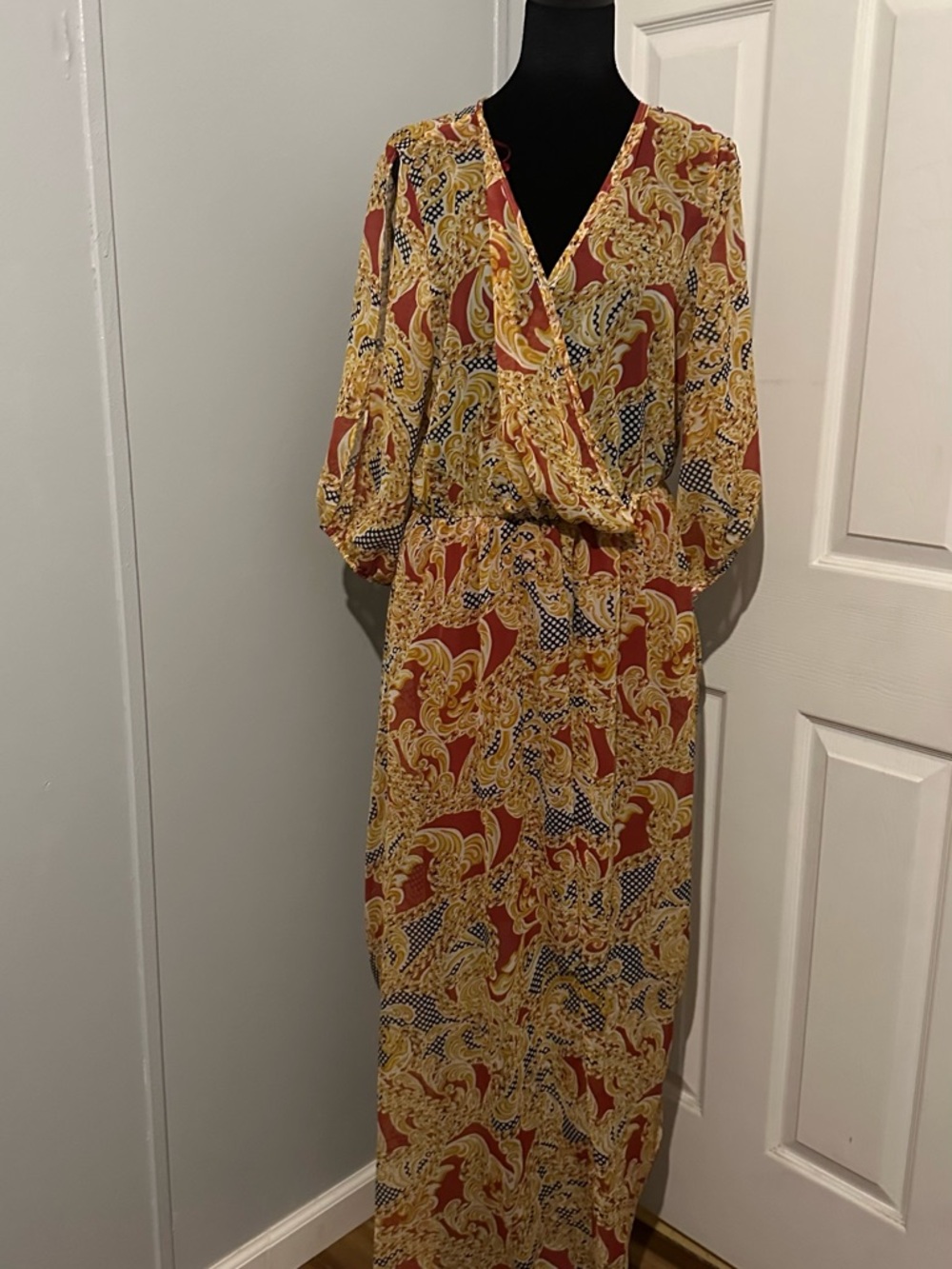 Haani women’s Paisley Wrap Maxi Dress in Rust and Mustard